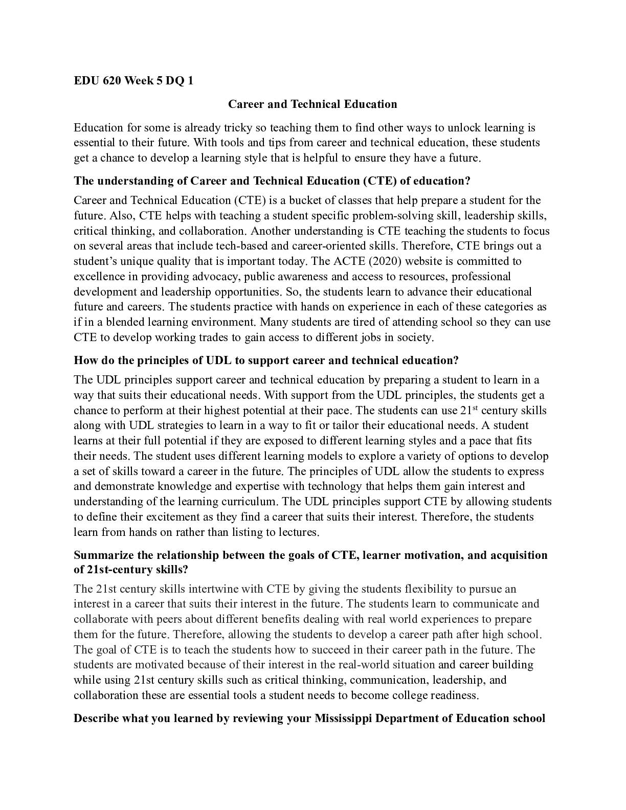 Preview of EDU 620 Week 5 DQ 1.docx  EDU 620 Week 5 DQ 1   Career and Technical Education  Education
